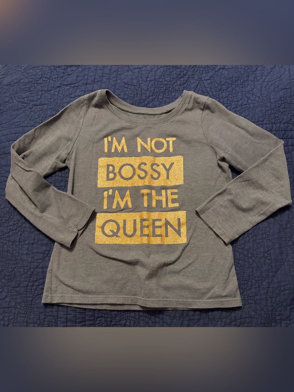 Girls' Charcoal Long-Sleeve Tee with Gold Glitter Slogan